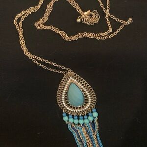 Gold Teardrop Pendant Necklace with Turquoise Colored Center